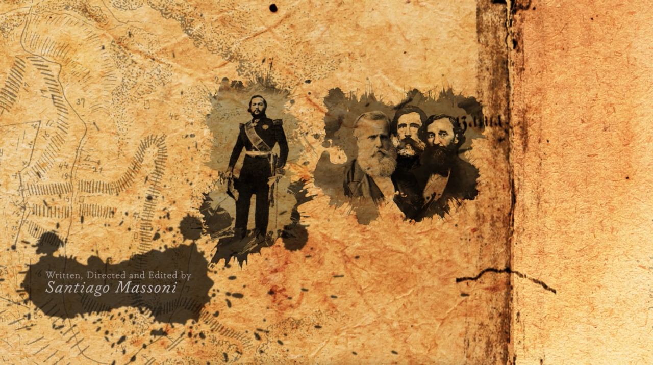 Fotograma de La Guerra del Paraguay: retratos de época sobre un mapa antiguo, con el crédito de guion, dirección y edición